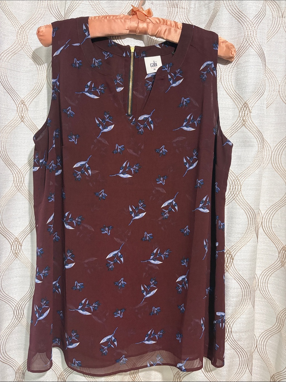CAbi Maroon Floral Zip-Notch Sleeveless Top
